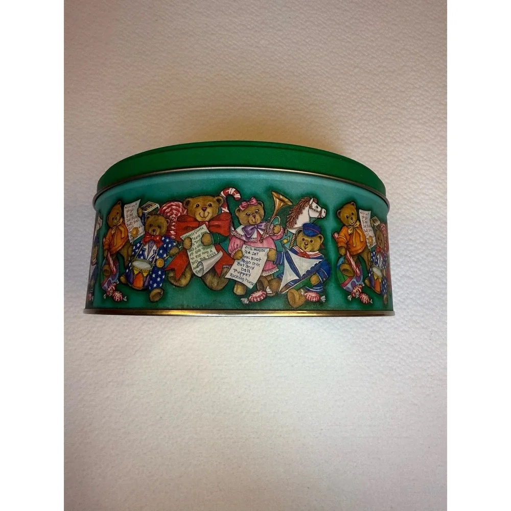 Vintage‎ Christmas Teddy Bear Cookie Tin Round Green Holiday Storage 3.5